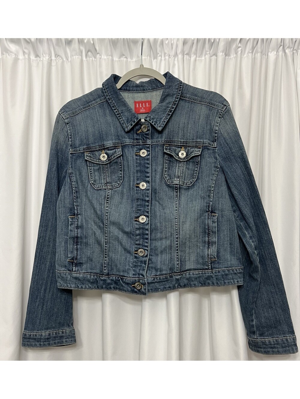 ELLE Womens Denim Jacket Medium Wash Button Front Classic Trucker Style Sz XL